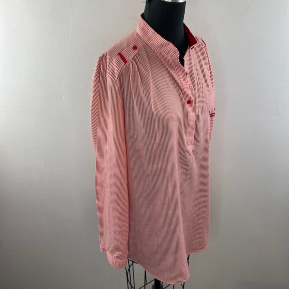 EASSON Red White Striped Long Sleeve Mandarin Collar Pocket Popover Top Blouse - Picture 4 of 8